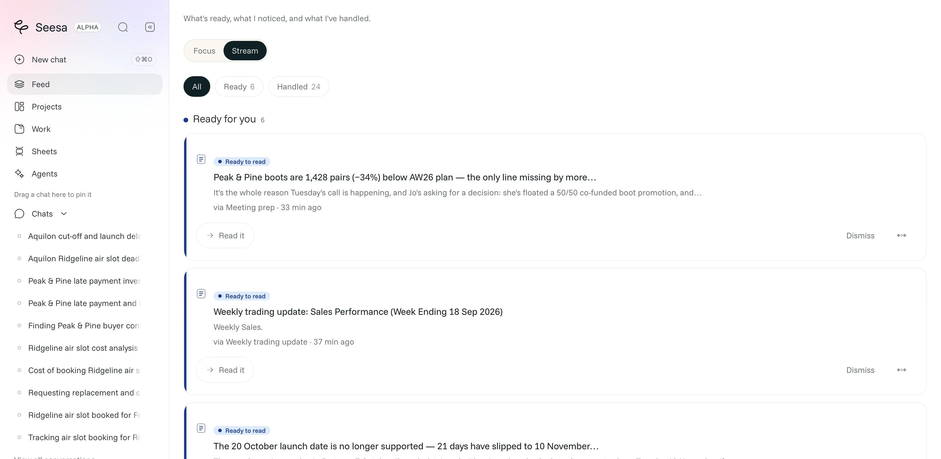 The Seesa Feed: work ready for review, ranked, with Focus and Stream views.