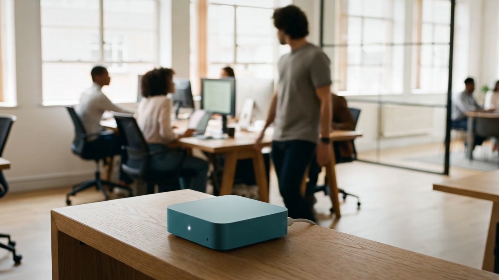 An office with a small teal Seesa box on a desk while people work around it (still from the Seesa film).
